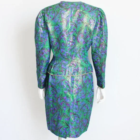 Lillie Rubin Jacket Skirt Suit 2pc Silk Jacquard Abstract Metallic Vintage - Picture 5 of 9